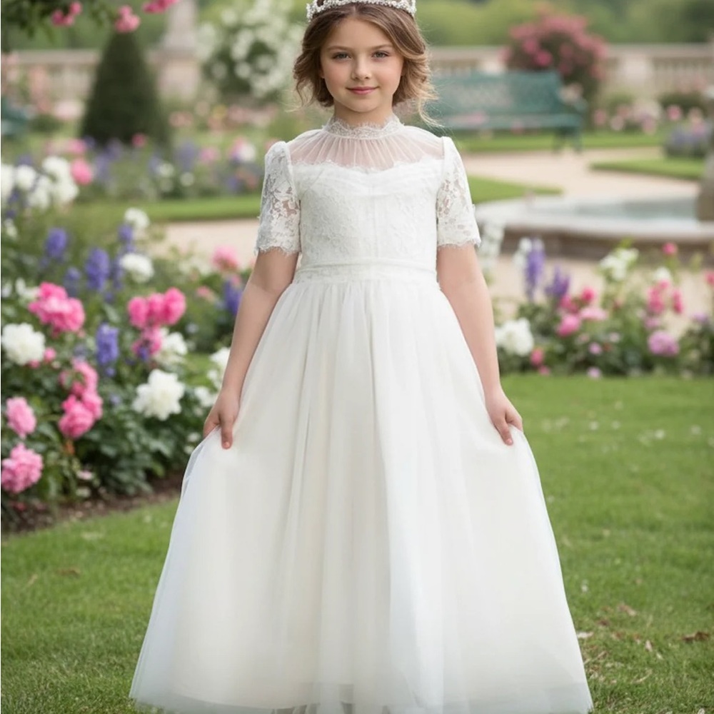 Trish Scully Harmony White Lace Tulle Dress - Elegant Flower Girl Gown